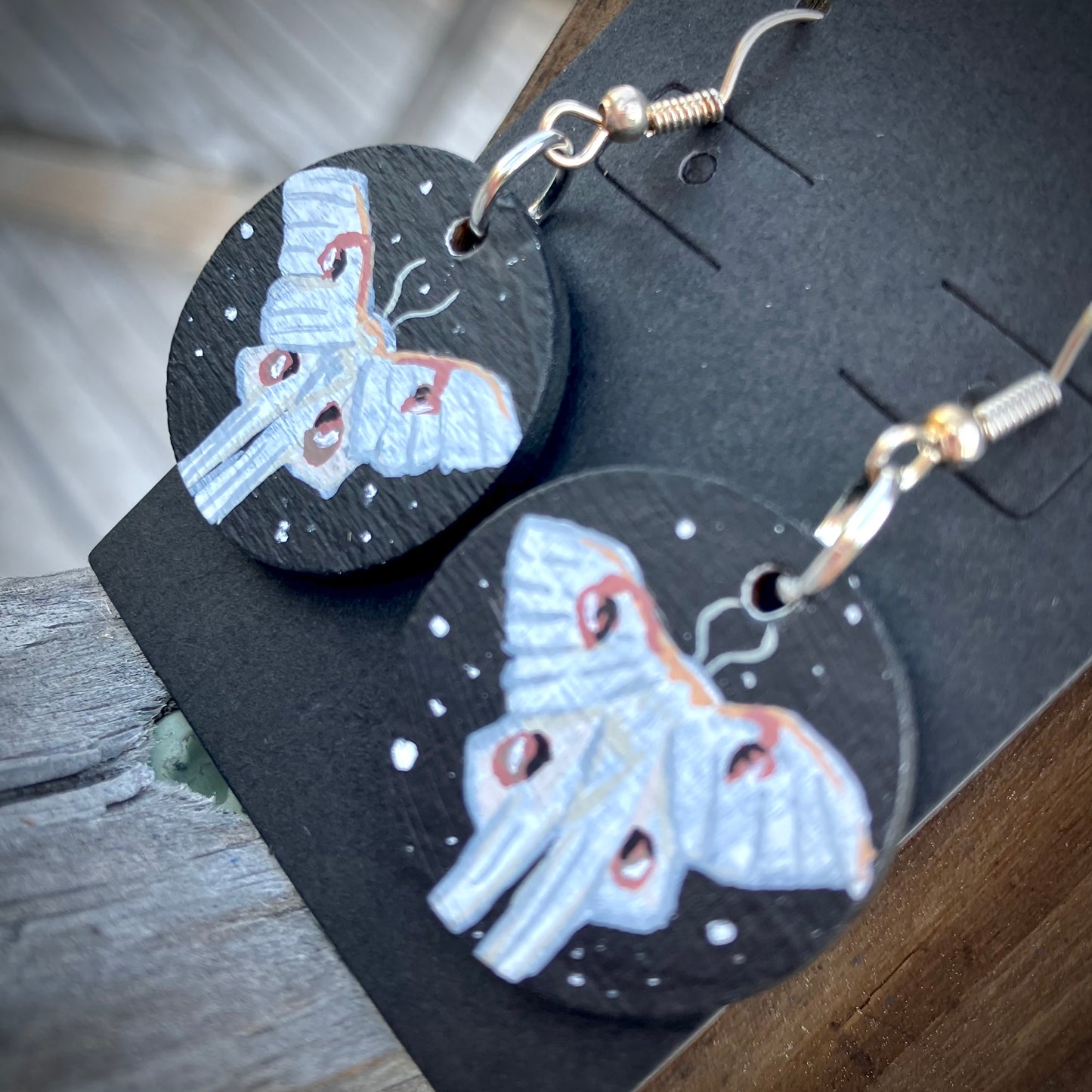 Starry White Luna Moth - hand painted Earrings