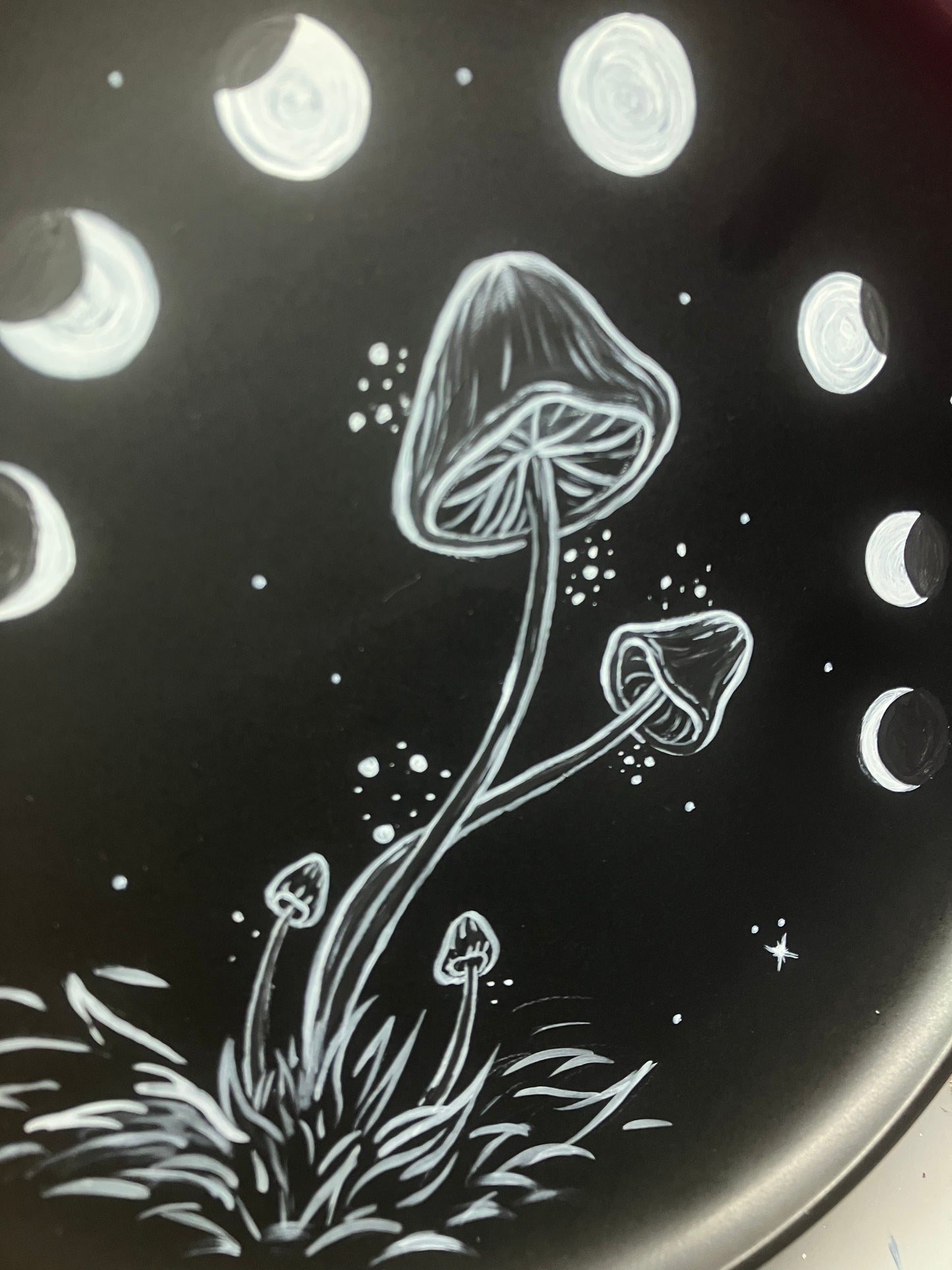 “Every phase of you is beautiful” - gand painted celestial moon phases and mushroom whimsy on a plate (decor only)