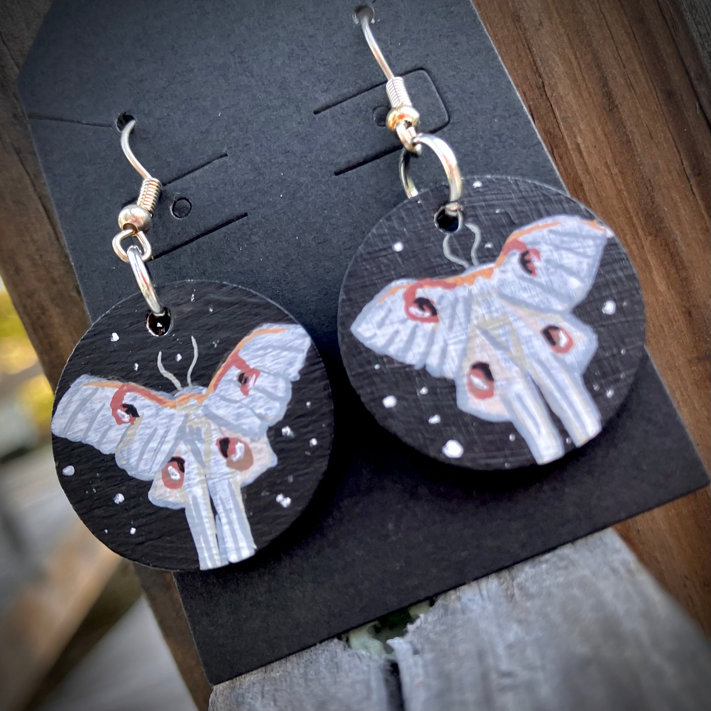 Starry White Luna Moth - hand painted Earrings