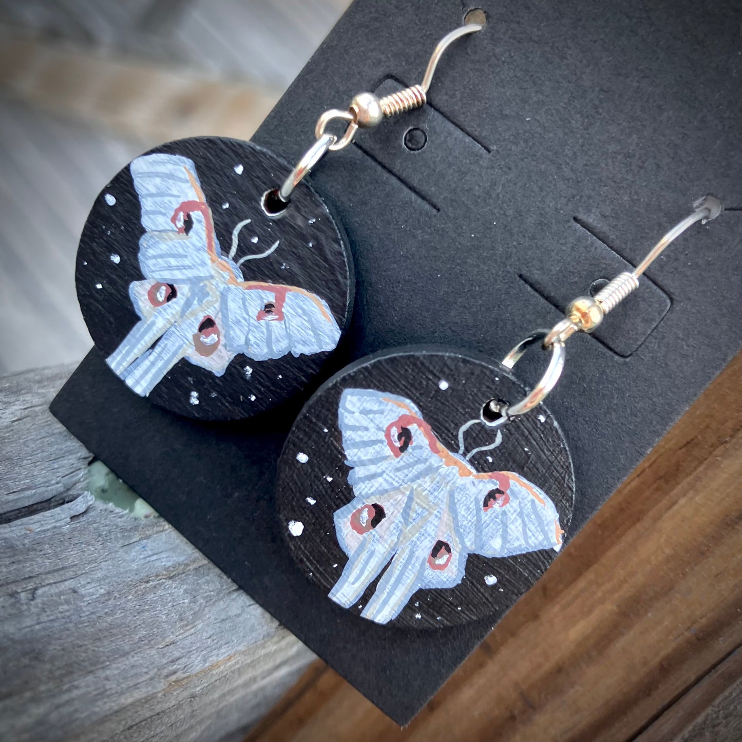 Starry White Luna Moth - hand painted Earrings