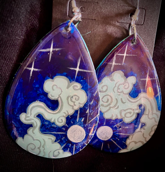 “Mystic Moon and Clouds” 🌕- hand painted earring