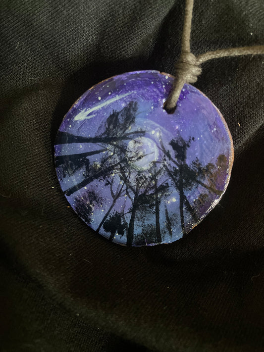 “Moon above the Trees” - one of a kind hand painted necklace