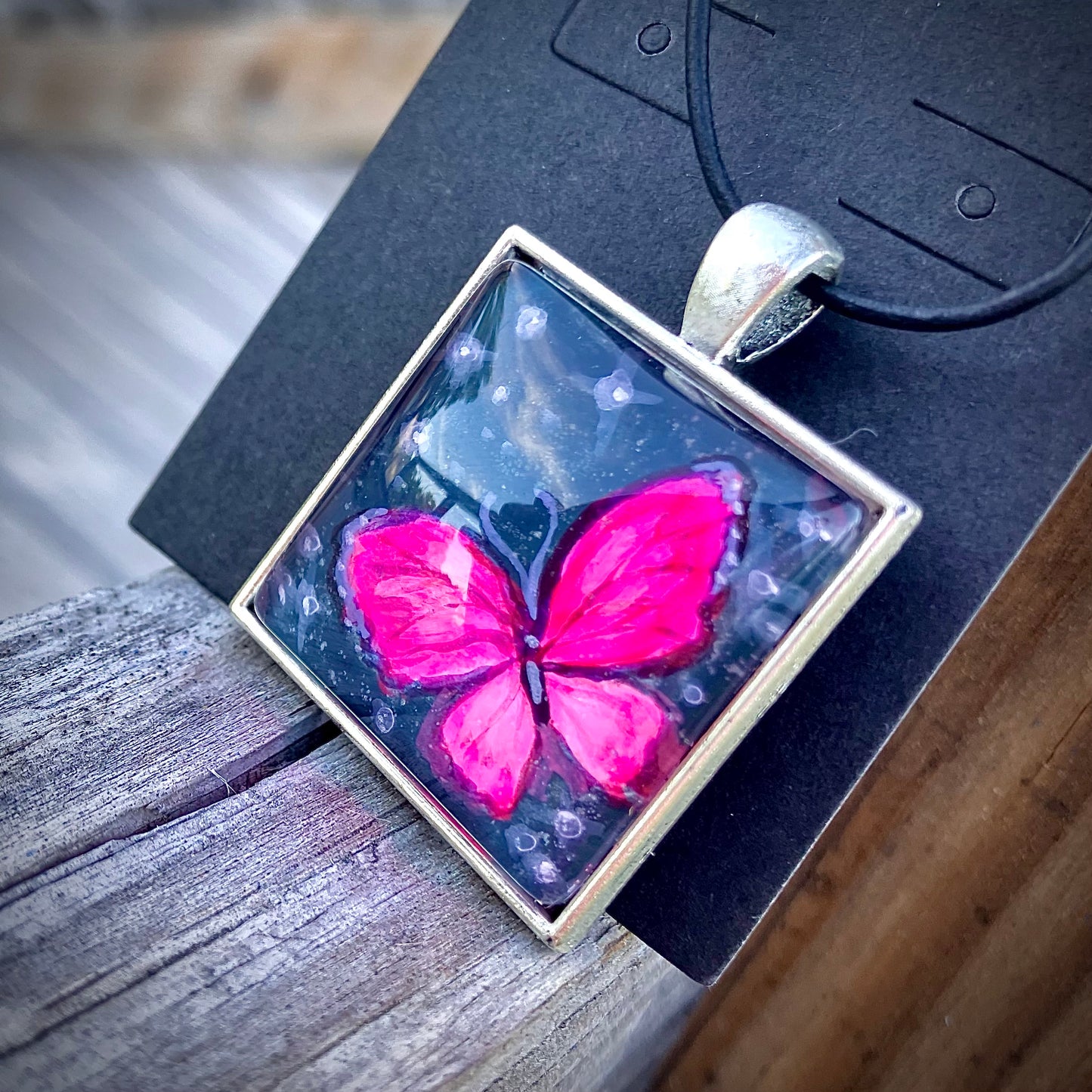 “Pink whimsy” Butterfly hand painted necklace