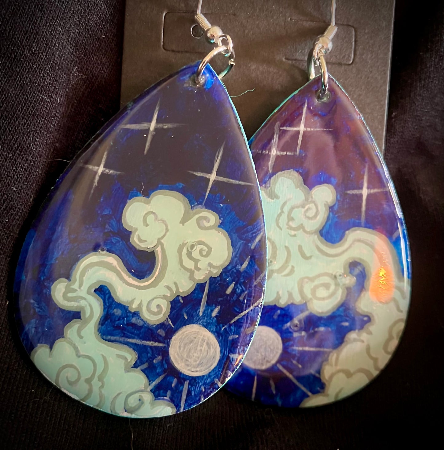 “Mystic Moon and Clouds” 🌕- hand painted earring