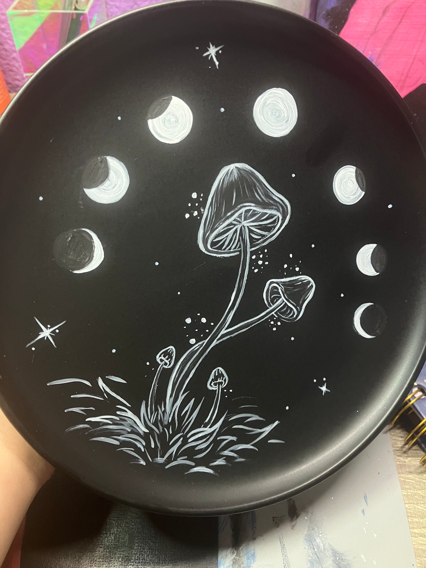 “Every phase of you is beautiful” - gand painted celestial moon phases and mushroom whimsy on a plate (decor only)